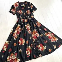 インゲボルグ 花柄 ピンタック リボンモチーフ 黒 ブラウス スカート セット