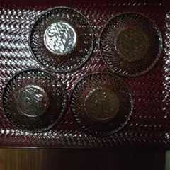 伝統工芸品 久留米籃胎漆器の編み込みデザイン 茶托4枚と長方形トレーセット