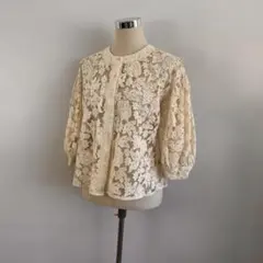 ⭐︎上品アイテム⭐︎重ね着に最適ノーカラー総レース七分袖ブラウスL【中古】c15