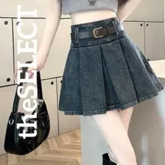 韓国 服 レディース スカート 青 ミニスカート プリーツ スカパン デニム 青