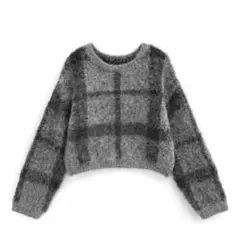 チェック柄ショート丈ブークレニットトップス