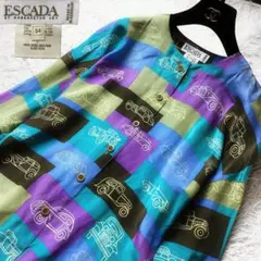 1極美品 エスカーダ シルク100% シャツ ブラウス クラシックカー 総柄のサムネイル