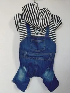 犬服 ストライプフード付きデニムオーバーオール XXL