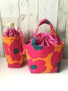 ハンドメイド　保冷ミニランチバッグ＋保冷ペットボトルカバーセット　花柄　ツイル