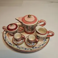 C) 陶器　ミニチュア　ティーパーティセット　花柄　未使用品 　6点セット