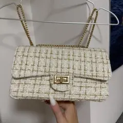 ホワイト ゴールド ツイード ショルダーバッグ