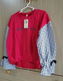 love agin 赤とチェック柄 長袖トップス 袖サラサラ