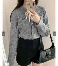 【GRL】刺繍ケーブルニットボタンカーディガン