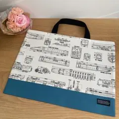 レッスンバッグ　電車　設計図　男の子　グリーン　通園バッグ　お道具袋　絵本袋