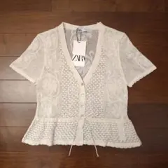 ZARA 新品タグ付き 透かし編みカーディガン 半袖のサムネイル