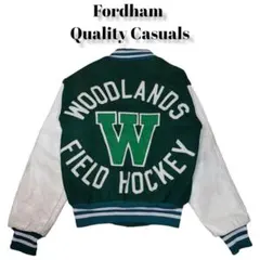 古着　良デザイン　ビッグロゴ　ワッペン　刺繍　スタジャン　グリーン　袖レザー