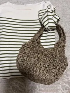 ハンドメイド　麻ひも+茶糸　カゴバック