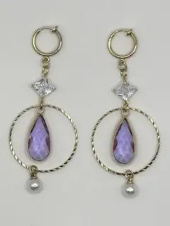 #5 紫色ストーンのフープイヤリング