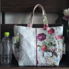 ハンドメイド　花柄サイドポケット付きトートバッグ　コードレース　YUWA