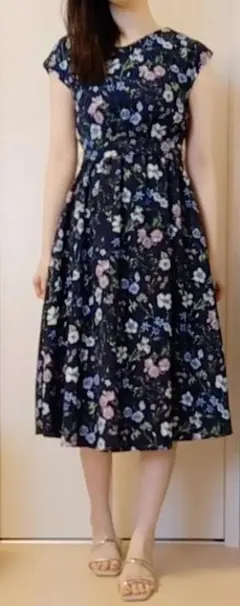 ★美品★ clear 花 ワンピース 紺 ネイビー リボン フレア ひざ丈