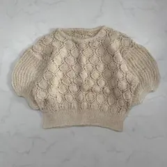 カジュアル ニット レディース 透かし編み 丸首 アイボリー 半袖 通勤 春夏