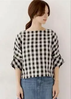 【 美品 】 URBAN RESEARCH リネン チェック柄 五分袖 ブラウス