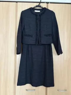 ノーカラーツイードジャケット&レースドッキングワンピース