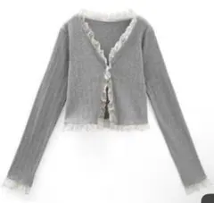 GRL フリル レース リブショート丈 カーディガン dk1368 グレー