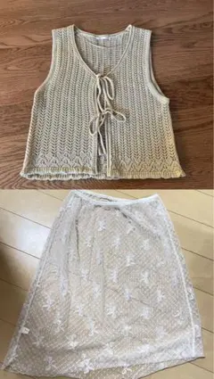 gu 透かし編みニットジレ M シースルーリボンスカート ホワイト