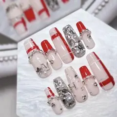 ネイルチップ 量産型 赤ネイル チェック ワンホン リボン ハート シンプル 白