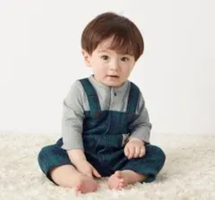 サロペット風前びらきロンパース 80 グリーンチェック ベルメゾン