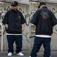 【USA製 90s】FUBU 刺繍ロゴ 半袖 ナイロンジャケット 黒 初期タグのサムネイル