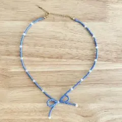 ブルー ビーズリボンネックレス｜ハンドメイド 一点もの 春アクセサリー