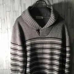 ニット ハーフボタン グレー ボーダー 個性的ハイネック 白紺 メンズL