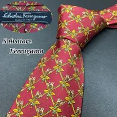 サルヴァトーレフェラガモ　ネクタイ　ボルドー　カーキ　花柄　チェック柄　イタリア