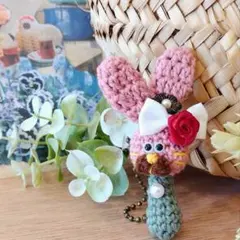 シャレうさちゃん①バッグチャーム(あみぐるみ)PK.WH白リボン