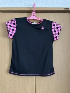 黒とピンク チェック柄袖 Tシャツ 140