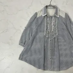 axes femme 切替 異素材 ストライプ 七分袖 シャツ ブラウス M