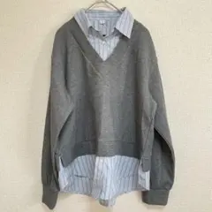 GU シャツレイヤード風 Vネック トップス グレー S
