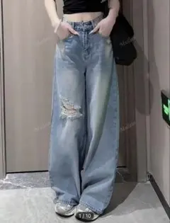 ビンテージブルーデニムワイドレッグ ハイウエスト ストレートジーンズ レディース