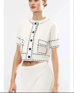 新品タグ付 ZARA ステッチニットジャケット 半袖 カーディガン L 白 完売のサムネイル