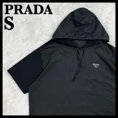 449【美品】プラダ 三角プレートロゴ ナイロン切替 半袖パーカー ブラック
