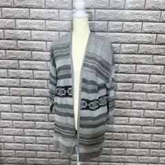 Khalita スリット カーディガン ボーダー ロングカーディガン グレー