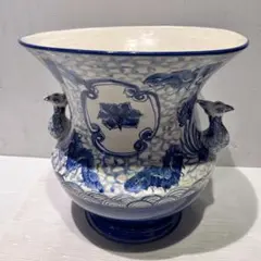 花紋　瓶　壺　花瓶　中華　中国 中国現地買付 六角壺 [鳥山水風景絵] 取手付き 中国雑貨 壺 フラワー