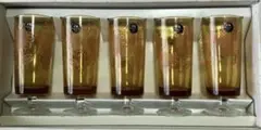 昭和レトロ✨花柄オレンジクリア脚付きグラス5個セット《未使用》