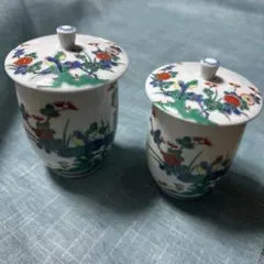 金継ぎ用　有田焼　蓋付き湯呑み　大小ペア 色絵花鳥図