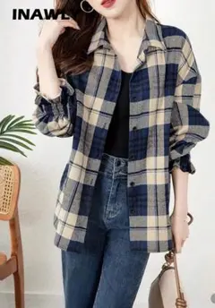 INAWL ネイビー・ベージュ チェック柄 シャツ⭐️値下げしました