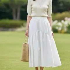 フィーティアランド フレアスカート ティアード　白　ウエストゴム　ロング