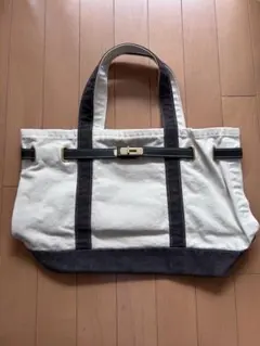 ADMJ トートバッグ ライトブルー×ベージュ レザー＆ナイロン 横型 夏 
