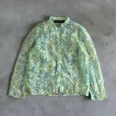 90s シアー 総柄シャツ 羽織り レトロ グリーン シェルボタン オールド Mのサムネイル