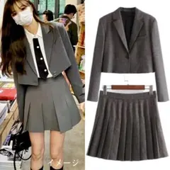 【未使用】チェックセットアップ スカート&ショート丈ジャケットクロップド丈グレー