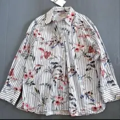 未使用　タグ付きZARA 花柄　ボタニカル　ストライプ　長袖　シャツ