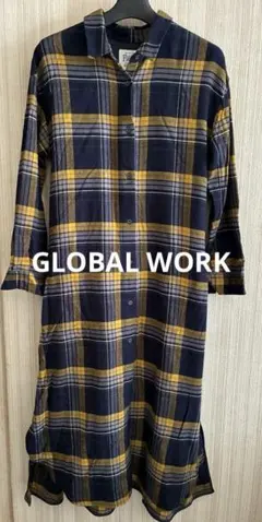 GLOBAL WORK ネイビーとイエローのチェックシャツワンピース　羽織り