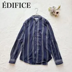 【エディフィス】バンドカラーシャツ（M）ストライプ 紺 綿100％ 長袖 日本製