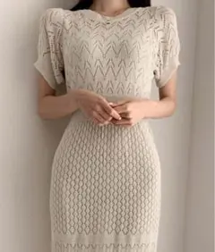 インナー付き透かし編みクロシェニットロングワンピース FREE ベージュ 半袖